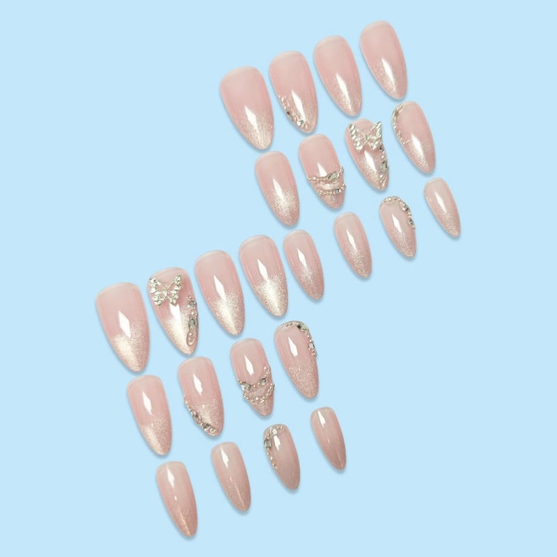 SEENEEY Medium Press on Nails Almond Fake Nails Ombre French Tip Artificial Nail Cute with Butterfly Designs Stick on Nail for Women 24pcs - Image 5